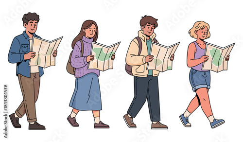 Group of young adults reading maps: diverse male and female travelers on an adventure