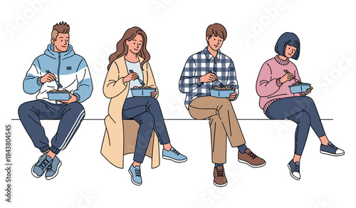 Group of young adults eating outdoors: casual clothing and relaxed atmosphere