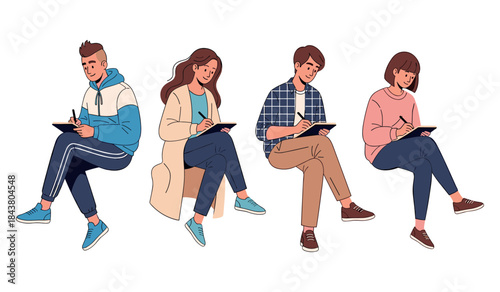 Young adults engaged in digital tablets: diverse casual group sitting together