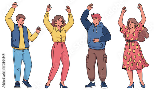 Group of diverse young adults dancing happily in casual clothing