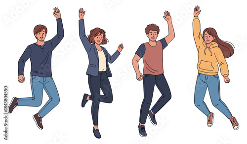 Diverse young adults joyfully jumping in casual outfits