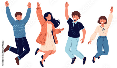 Diverse group of happy young adults jumping cheerfully