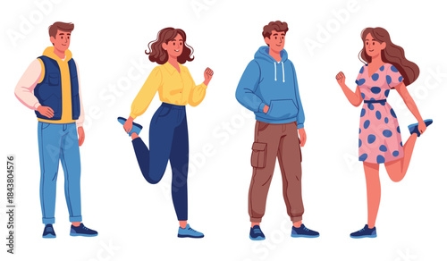 Four young diverse cartoon characters in casual outfits: two male, two female