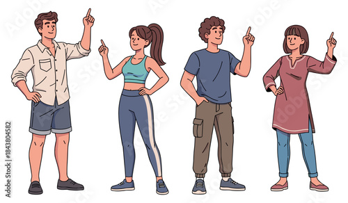 Diverse cartoon characters pointing upward and smiling together