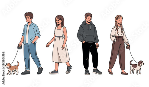 Diverse young adults walking dogs: casual outfits and mixed breeds