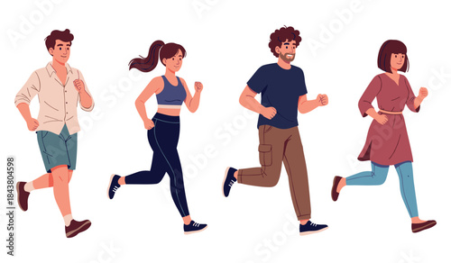 Diverse group of adults jogging together in casual and athletic wear