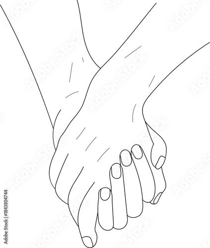 Minimalist line art vector illustration of expressive hand gestures, including holding hands, heart-shaped hands, and intertwined pinky fingers with hearts. Pair lovers
