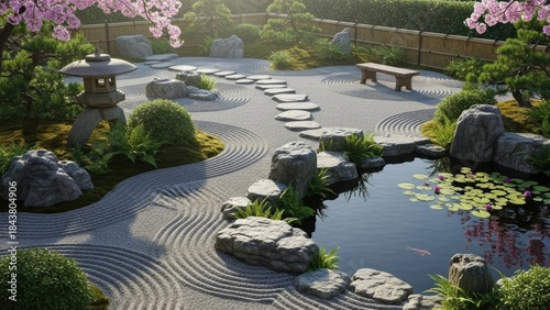 Serene Japanese Garden with Pond, Stone Path, and Cherry Blossoms.