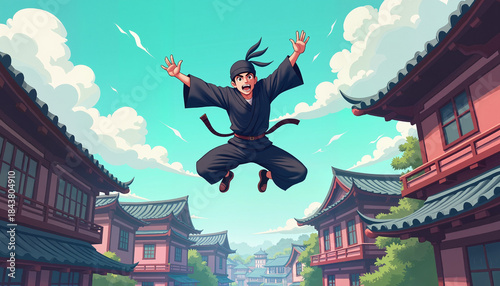 Anime style ninja character jumping through rooftops in dynamic pose  