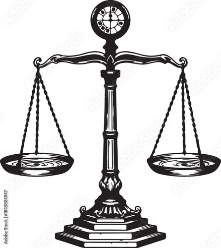 Black and white of a traditional balance scale with empty pans and a circular emblem on also transparent background