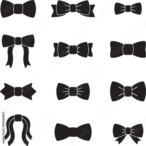 Collection of black bow tie with various styles and shapes on a white background also transparent background