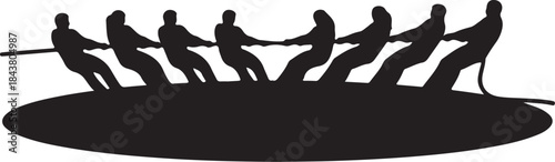 Silhouette of Eight People Tugging a Rope on a Circular Platform also transparent background tug of war