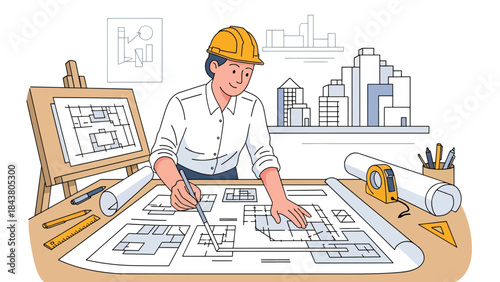 Modern flat vector illustration of an architect analyzing blueprints at a desk, ideal for architecture services, construction planning, design presentations, and professional branding