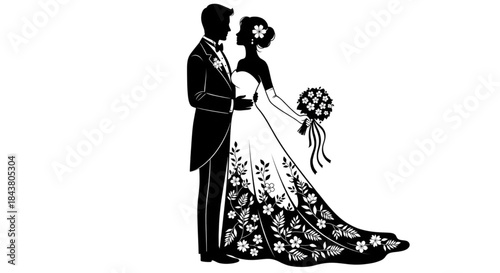 Elegant Bride and Groom Silhouette for Wedding Invitations Party Decor Anniversary Celebration Design