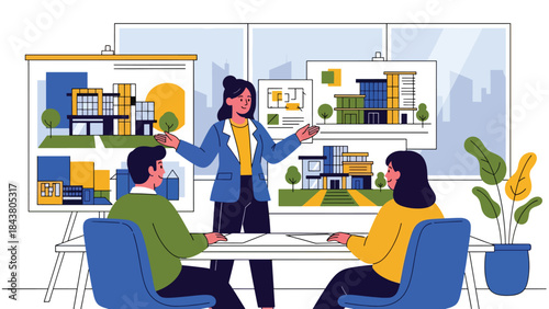 Flat vector illustration of an architect presenting building design to clients, ideal for real estate marketing, architecture firms, business presentations, and project proposals