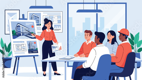 Flat vector illustration of an architect presenting building design to clients, ideal for real estate marketing, architecture firms, business presentations, and project proposals