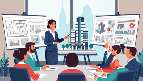 Flat vector illustration of an architect presenting building design to clients, ideal for real estate marketing, architecture firms, business presentations, and project proposals