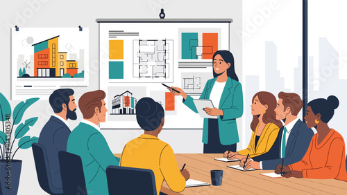 Flat vector illustration of an architect presenting building design to clients, ideal for real estate marketing, architecture firms, business presentations, and project proposals