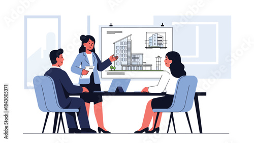 Flat vector illustration of an architect presenting building design to clients, ideal for real estate marketing, architecture firms, business presentations, and project proposals
