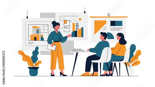 Flat vector illustration of an architect presenting building design to clients, ideal for real estate marketing, architecture firms, business presentations, and project proposals