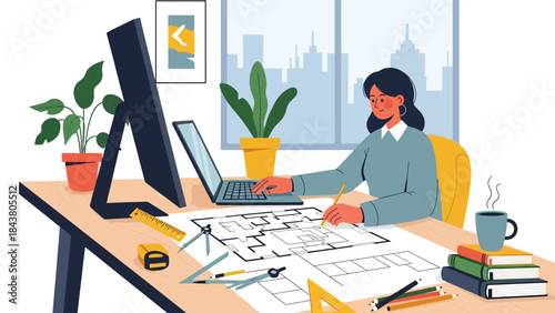 Modern flat vector illustration of an architect working with laptop and sketches, ideal for digital architecture workflows, creative studios, design services, and modern offices