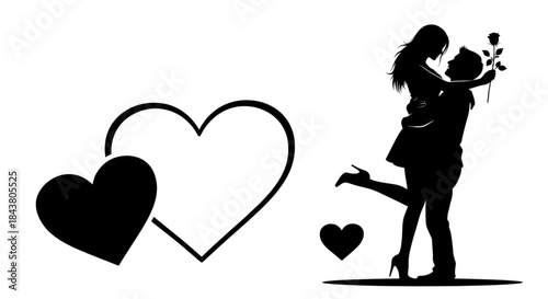 Romantic Couple Silhouette with Roses and Hearts for Valentine Love Web Design Graphics