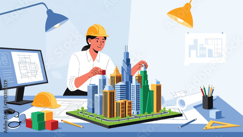 Flat vector illustration of an architect designing a modern urban skyline, ideal for city planning visuals, real estate development, architecture branding, and urban concepts