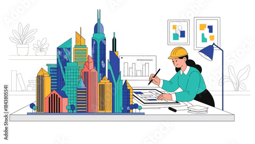Flat vector illustration of an architect designing a modern urban skyline, ideal for city planning visuals, real estate development, architecture branding, and urban concepts