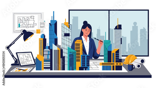 Flat vector illustration of an architect designing a modern urban skyline, ideal for city planning visuals, real estate development, architecture branding, and urban concepts