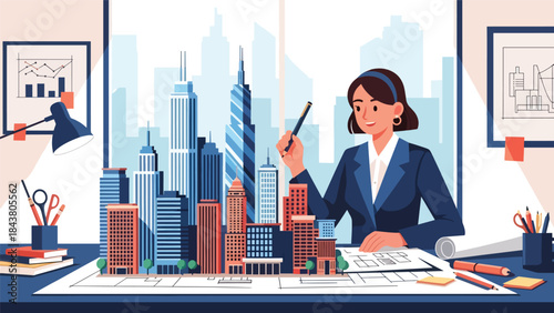 Flat vector illustration of an architect designing a modern urban skyline, ideal for city planning visuals, real estate development, architecture branding, and urban concepts