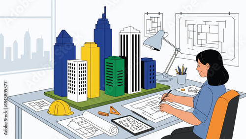Flat vector illustration of an architect designing a modern urban skyline, ideal for city planning visuals, real estate development, architecture branding, and urban concepts