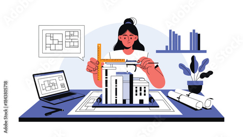 Modern flat vector illustration of an architect measuring a scale building model, ideal for precision design concepts, architecture studios, and construction planning visuals