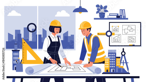 Flat vector illustration of an architect discussing plans with an engineer, ideal for teamwork concepts, construction collaboration, architecture services, and professional projects