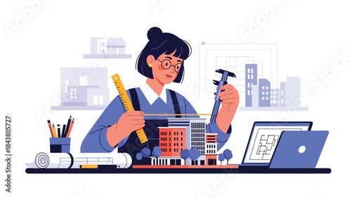 Modern flat vector illustration of an architect measuring a scale building model, ideal for precision design concepts, architecture studios, and construction planning visuals