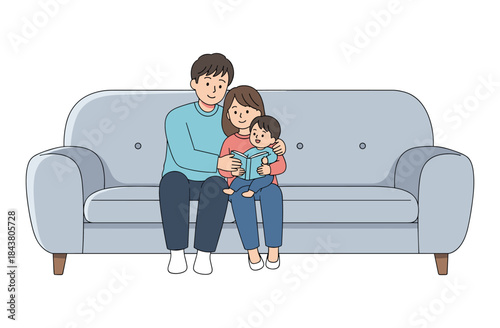Asian family reading on sofa: young parents with child enjoying storytime together