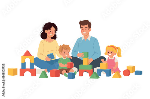 Happy caucasian family playing with building blocks together on floor