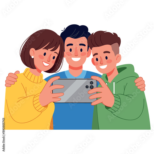 Three young friends taking a selfie together with a smartphone