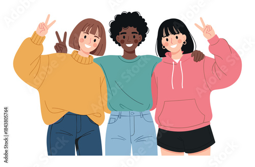 Diverse friends: asian and caucasian females with african male making peace signs