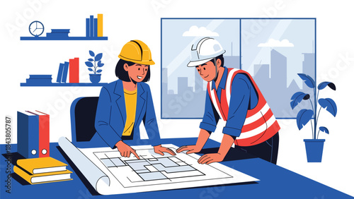 Flat vector illustration of an architect discussing plans with an engineer, ideal for teamwork concepts, construction collaboration, architecture services, and professional projects