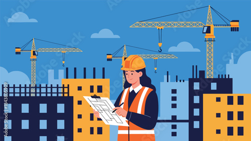Modern flat vector illustration of an architect inspecting a construction site, ideal for building supervision, project management visuals, architecture firms, and construction services