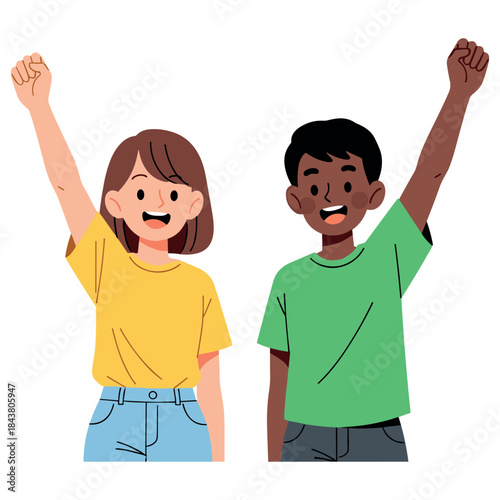 Smiling caucasian female and african male children raising arms in joyful expression