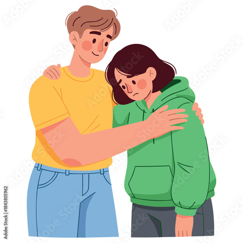 Young caucasian male comforting sad young caucasian female in casual attire
