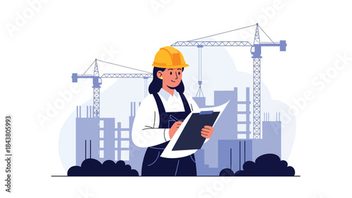 Modern flat vector illustration of an architect inspecting a construction site, ideal for building supervision, project management visuals, architecture firms, and construction services