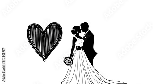 Romantic Bride and Groom Kissing Silhouette Illustration with Hand Drawn Love Heart Sketch