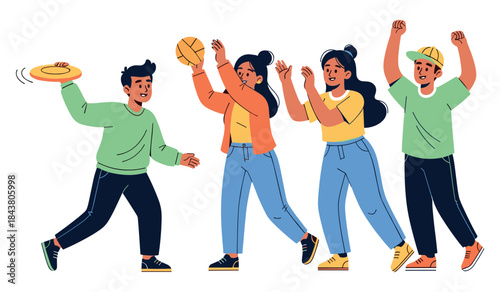 Group of young adults playing with frisbee and ball outdoors