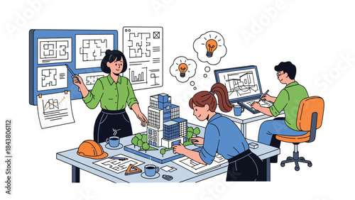 Flat vector illustration of architects collaborating in a design studio, ideal for teamwork visuals, creative agencies, architecture firms, and professional branding
