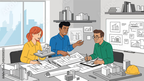 Flat vector illustration of architects collaborating in a design studio, ideal for teamwork visuals, creative agencies, architecture firms, and professional branding