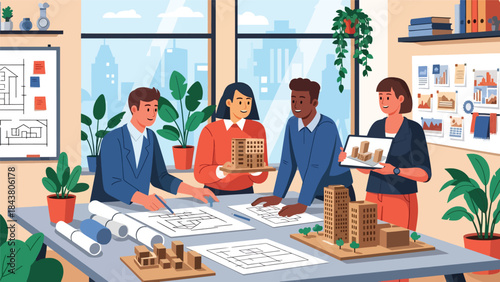 Flat vector illustration of architects collaborating in a design studio, ideal for teamwork visuals, creative agencies, architecture firms, and professional branding
