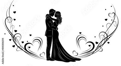 Elegant Wedding Couple Silhouette Embracing with Decorative Heart Swirl Frame for Invitation and Anniversary Design