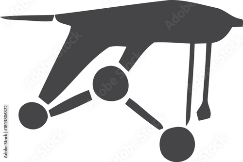 Black minimalist icon depicting a futuristic drone with a geometric structure below it, isolated on white background